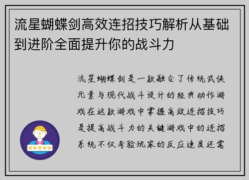 流星蝴蝶剑高效连招技巧解析从基础到进阶全面提升你的战斗力